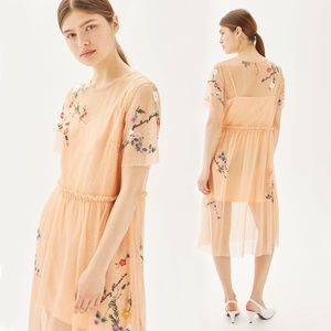 Topshop embroidered floral mesh peach dress